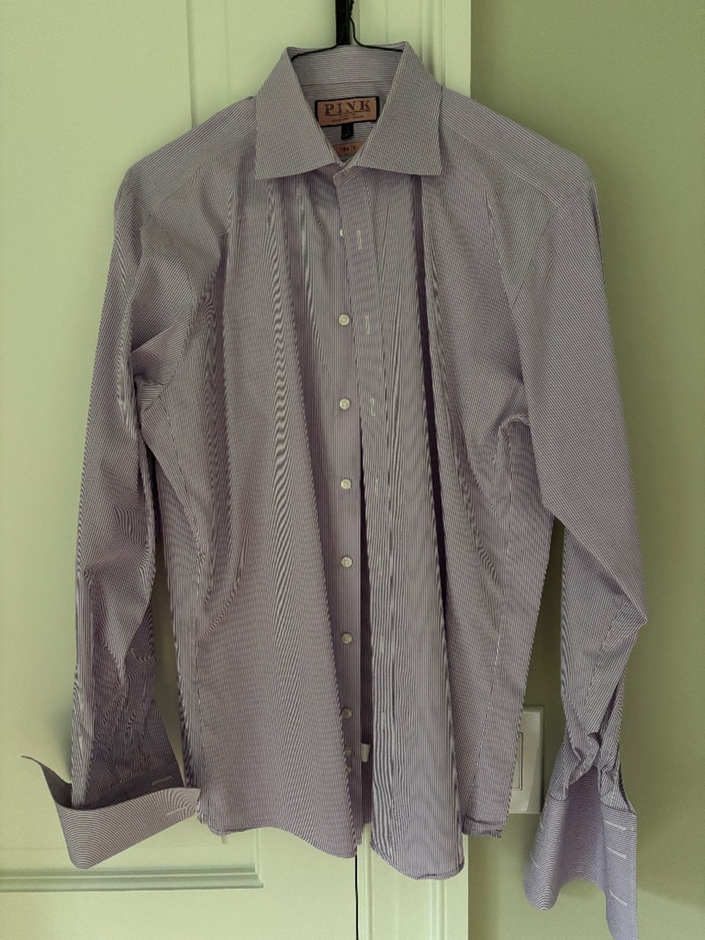 Thomas Pink Slim Fit french cuff shirt in purple and white stripe